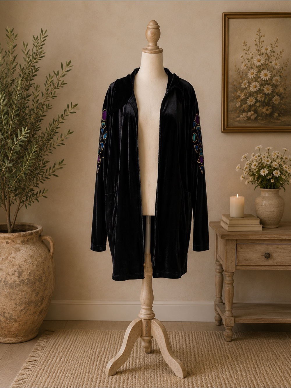 Bob Mackie Wearable Art Velour Zip Jacket 2X Black Embroidered Art To Wear Jewel - Picture 5 of 9